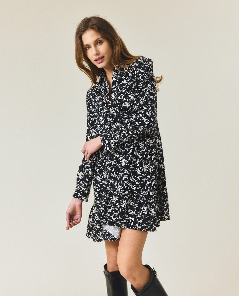 Printed frill tunic -mekko, musta/valkoinen kuvio
