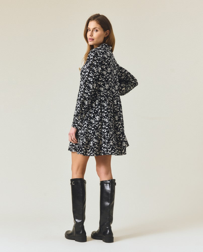 Printed frill tunic -mekko, musta/valkoinen kuvio