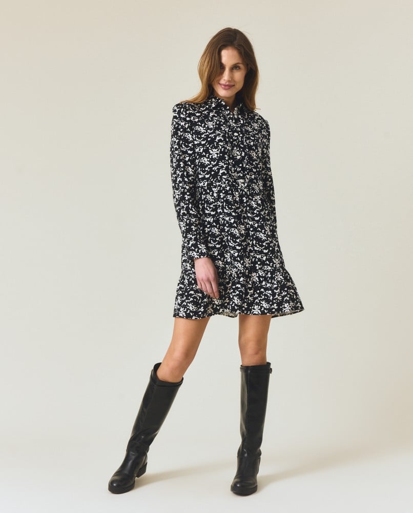 Printed frill tunic -mekko, musta/valkoinen kuvio