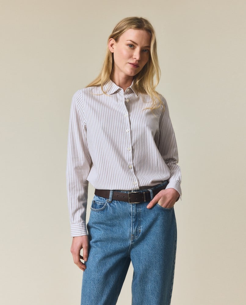 Classic fit light oxford striped shirt, off white/light brown