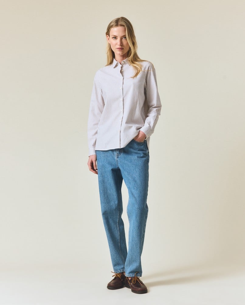 Classic fit light oxford striped shirt, off white/light brown