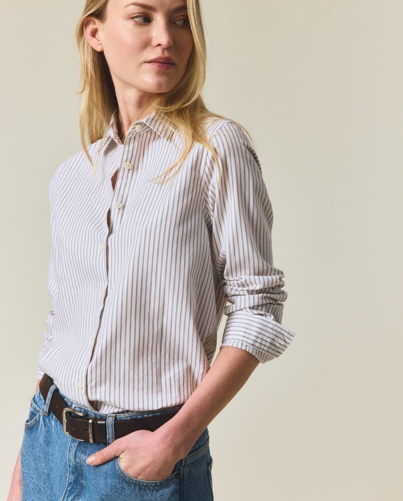 Classic fit light oxford striped shirt, off white/light brown