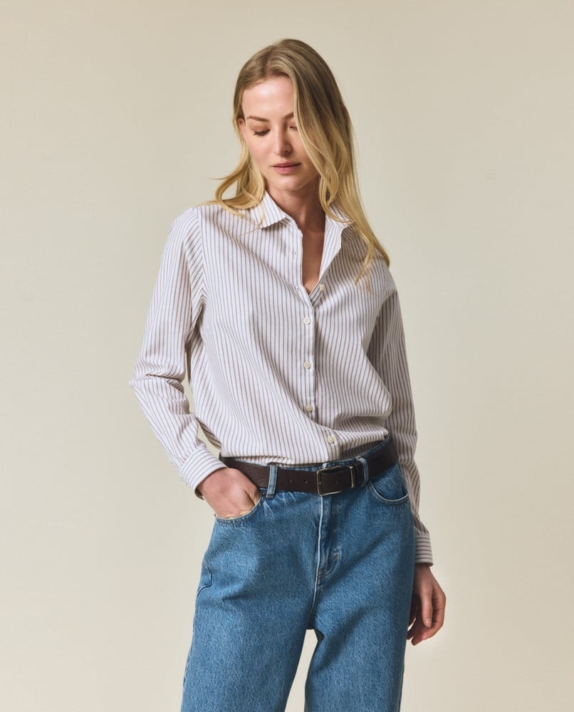 Classic fit light oxford striped shirt, off white/light brown