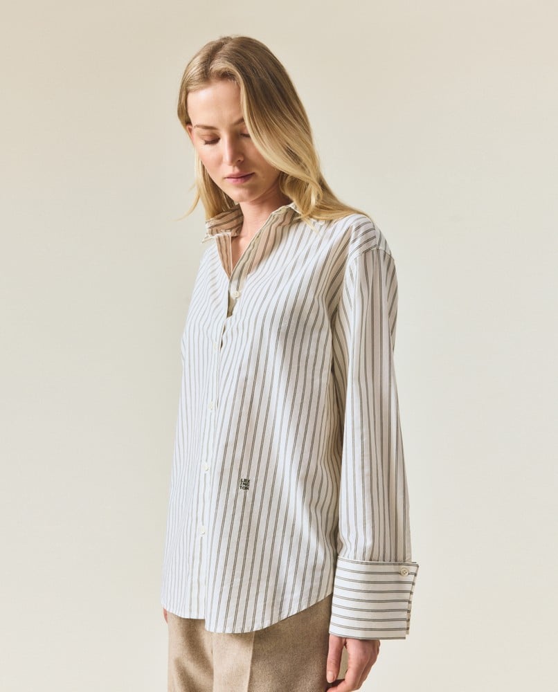 Folded cuffs oversized striped shirt, green/white
