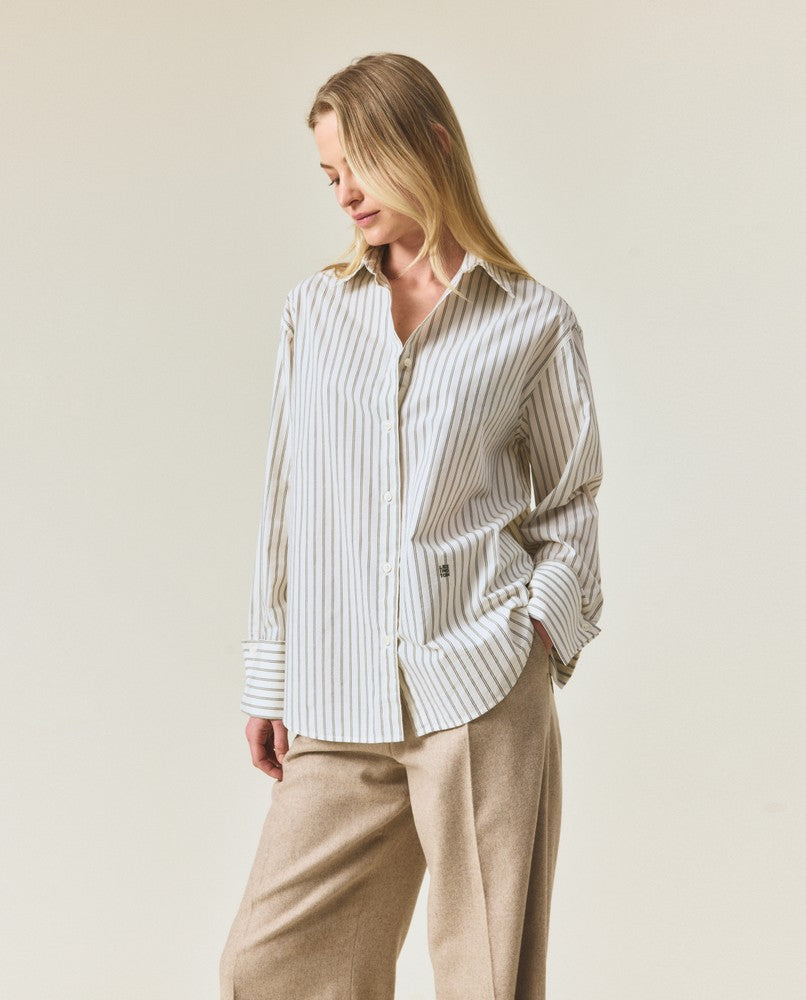 Folded cuffs oversized striped shirt, green/white