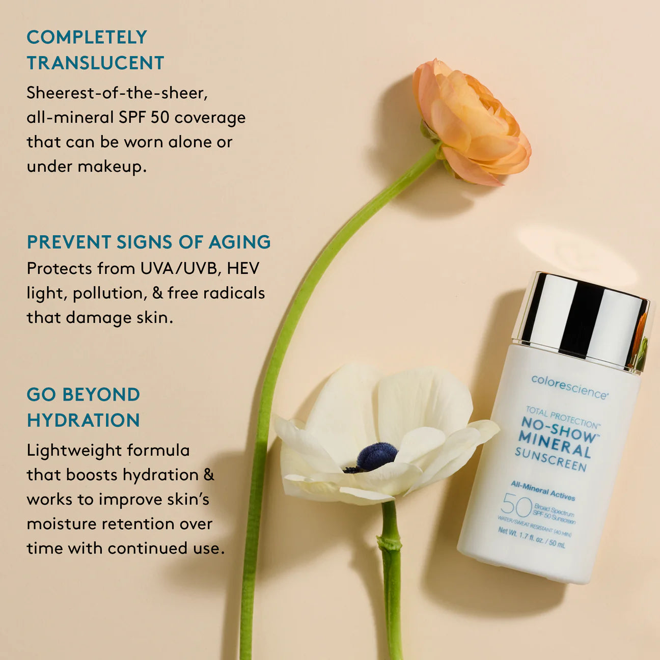 COLORESCIENCE TOTAL PROTECTION™ NO-SHOW MINERAL SUNSCREEN SPF 50 - Fysikaalinen aurinkosuoja kasvoille