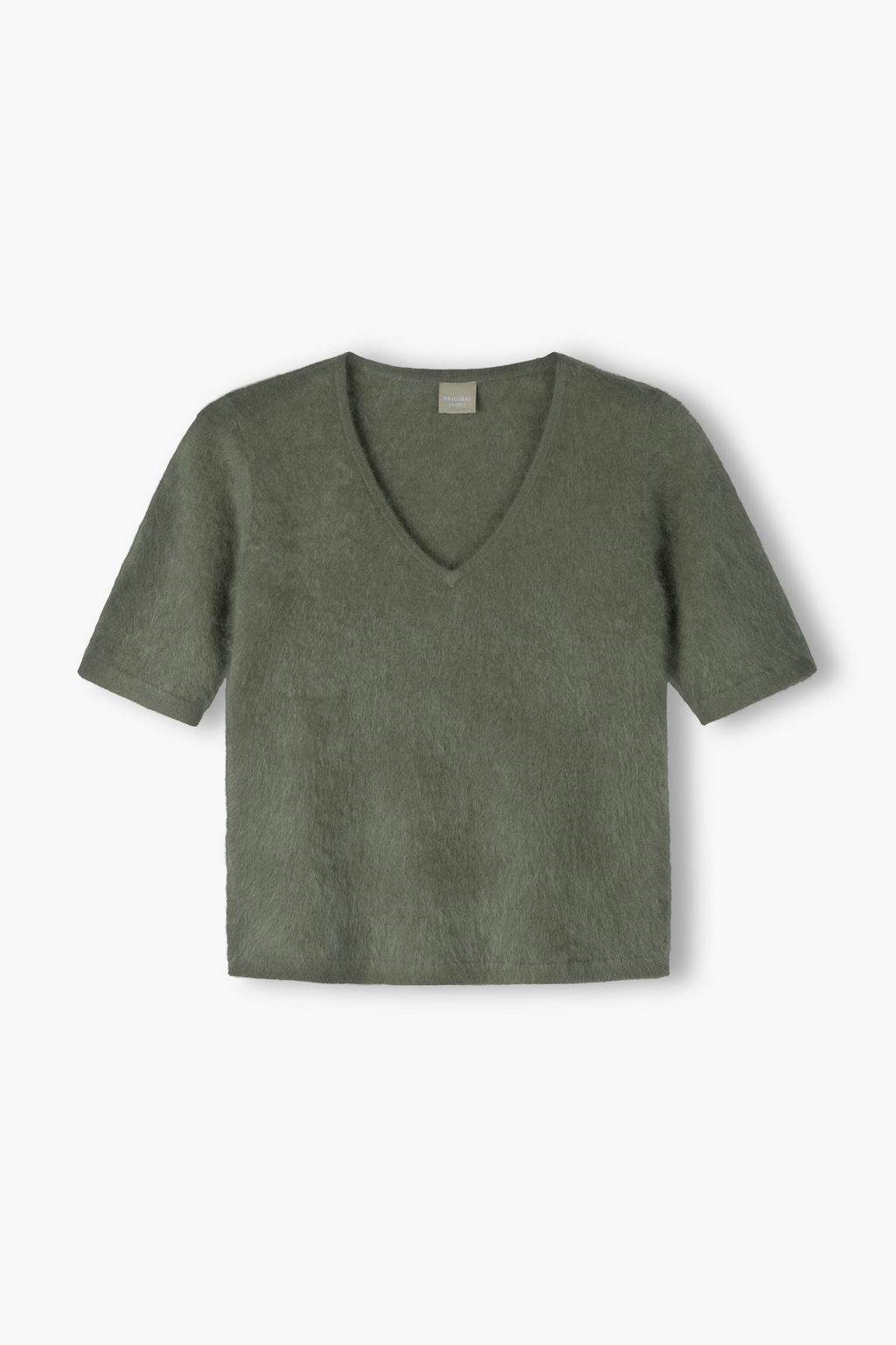 Lyhythihainen harjattu kashmirneule V-kaula-aukolla, Light olive