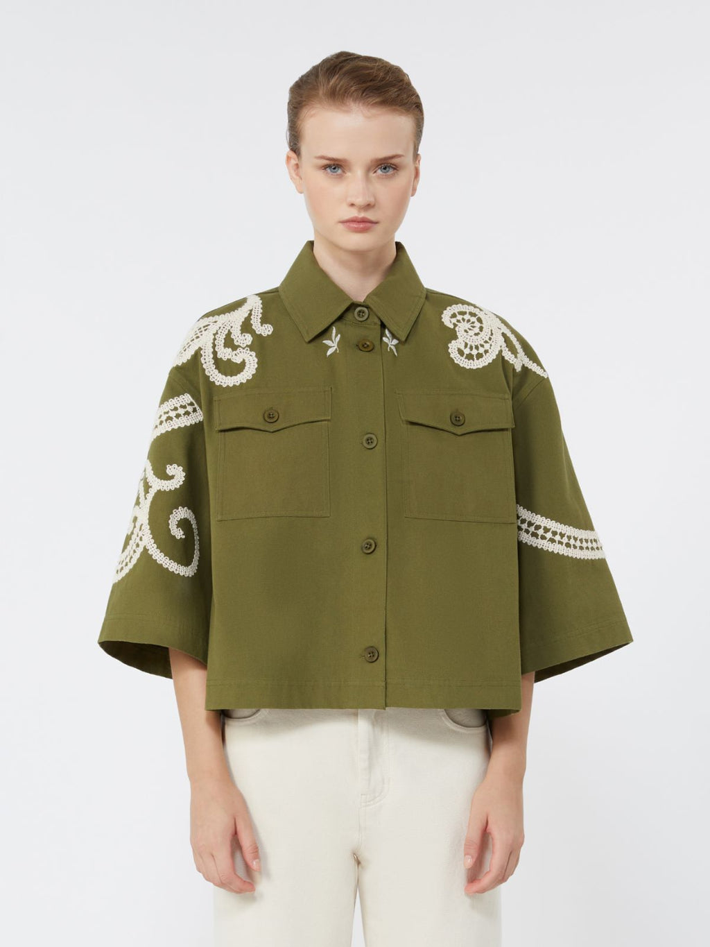 Cotton canvas jacket with embroideries - KAKI