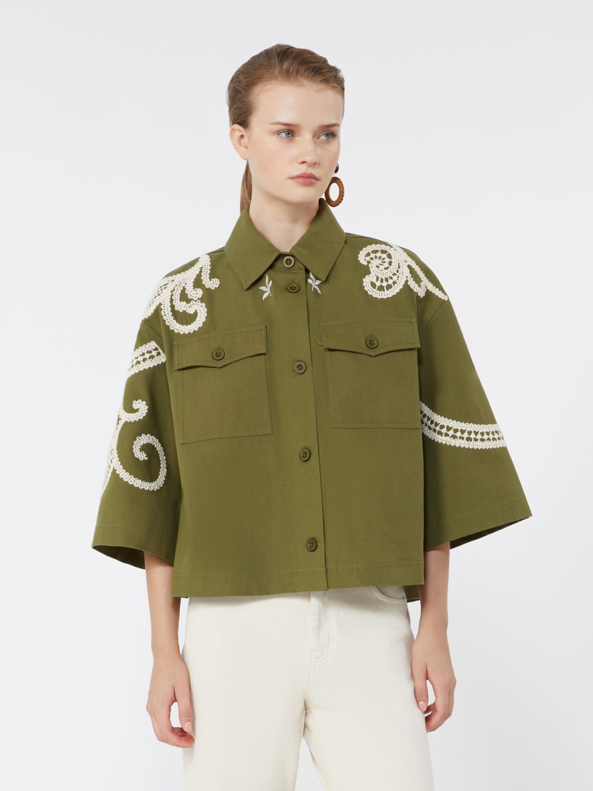 Cotton canvas jacket with embroideries - KAKI
