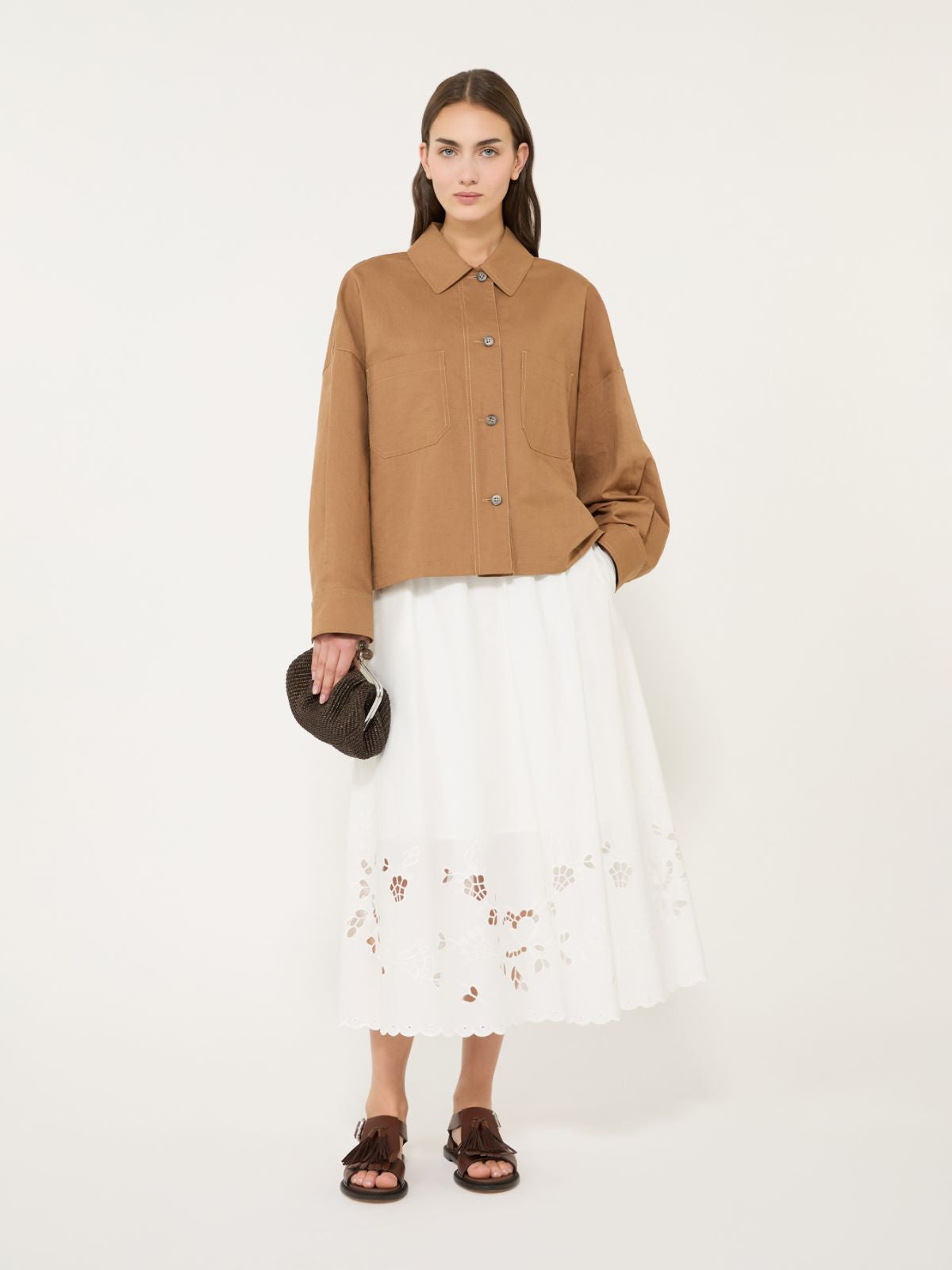 Linen and cotton basketweave oversize jacket - TOBACCO