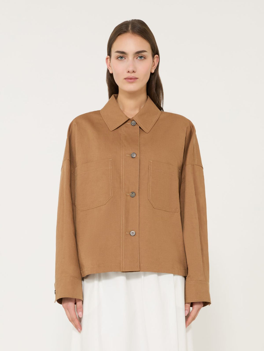 Linen and cotton basketweave oversize jacket - TOBACCO
