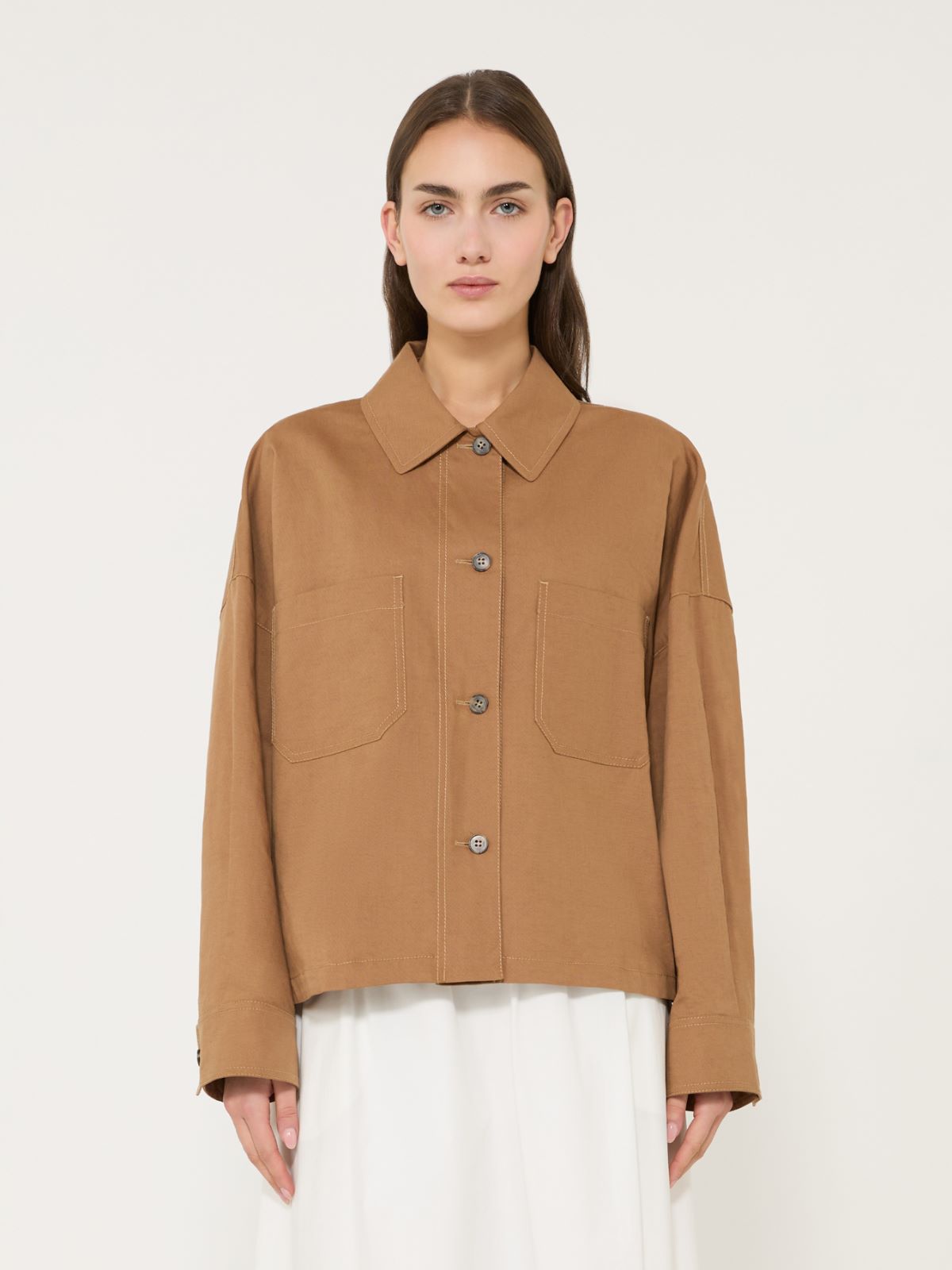 Linen and cotton basketweave oversize jacket - TOBACCO
