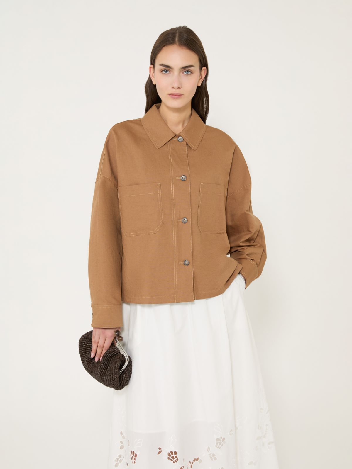 Linen and cotton basketweave oversize jacket - TOBACCO