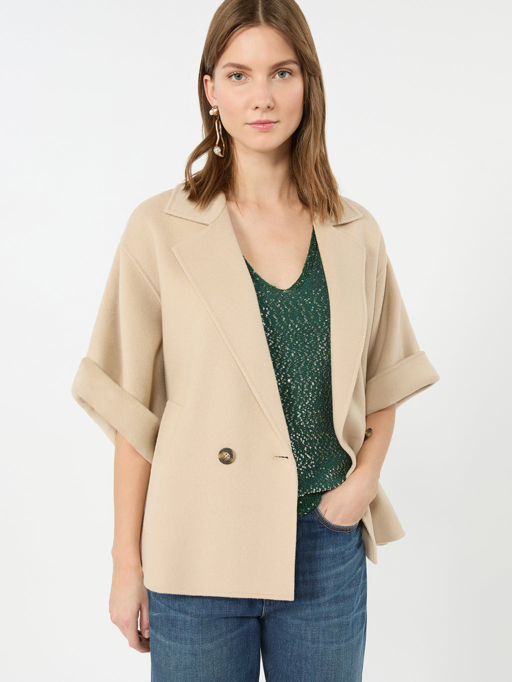 Short wool broadcloth coat - SAND
