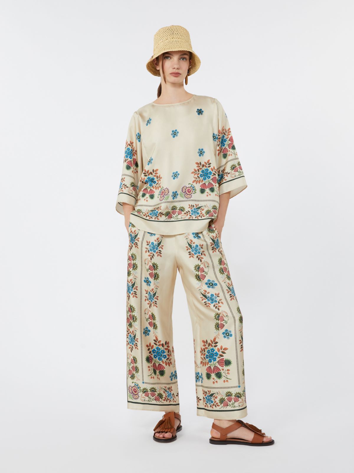 Printed silk twill trousers