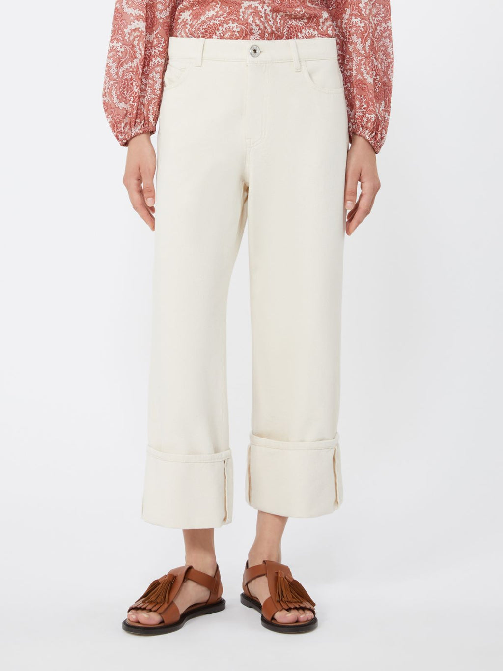 Cotton bull trousers with turn-ups - ECRU