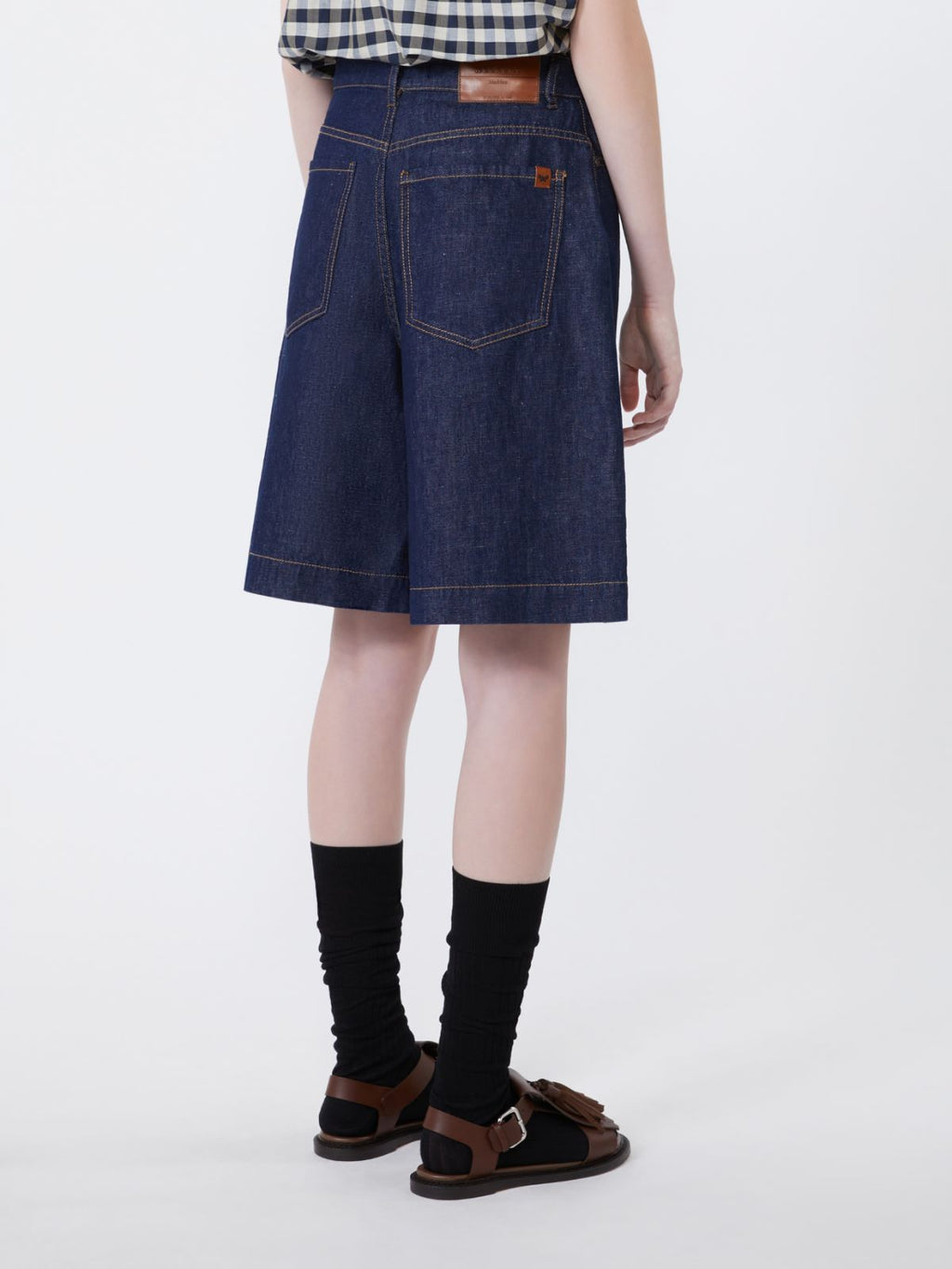 Cotton and linen denim Bermuda shorts - NAVY