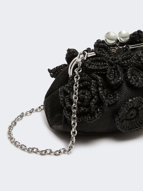Small raffia-effect Pasticcino Bag with flowers - BLACK