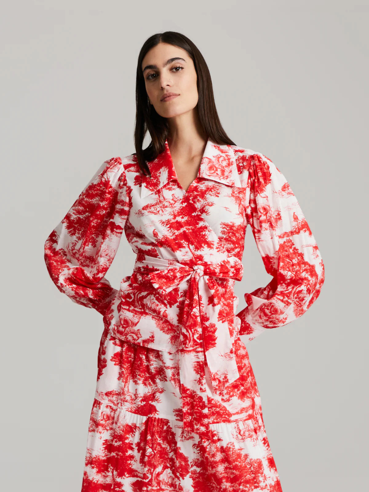 Andiata, Calypso Wrap Blouse Red Toile de Jouy