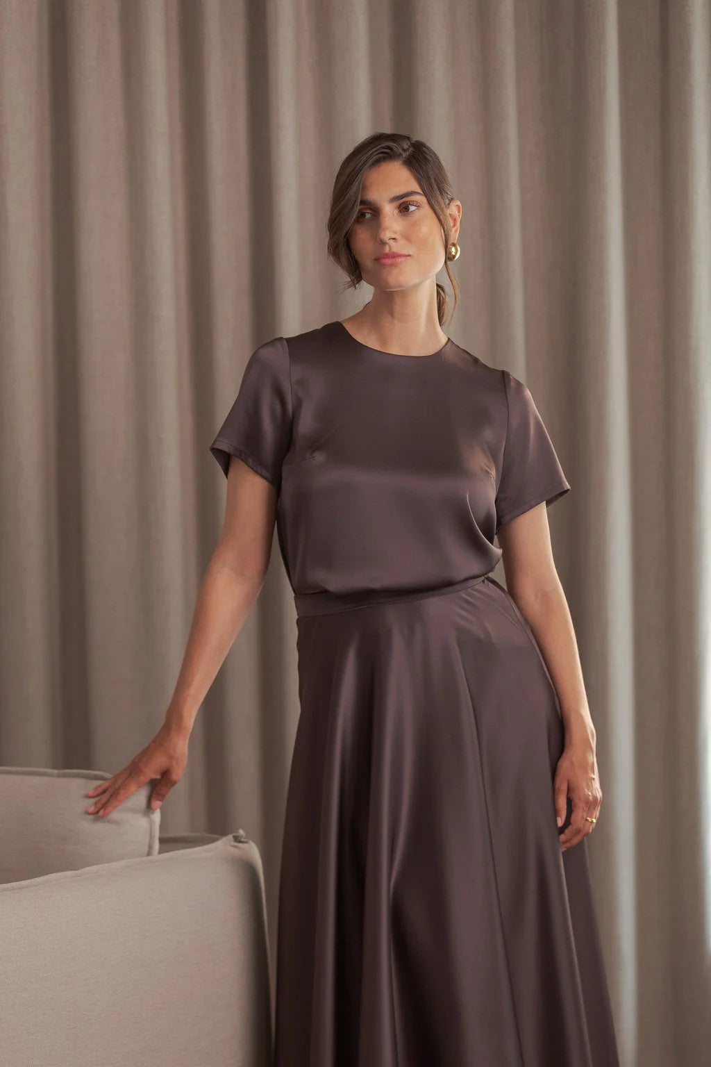 Original Story, Tessa Satin Shirt Dark Chocolate