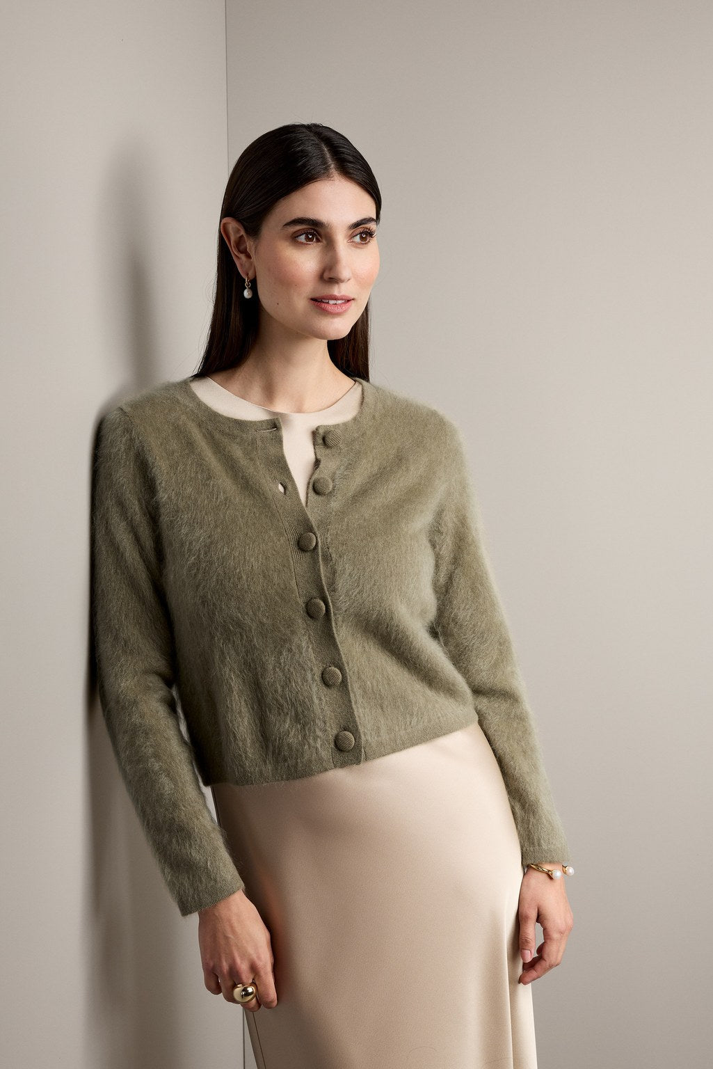 Pitkähihainen harjattu kashmirneuletakki, Light olive
