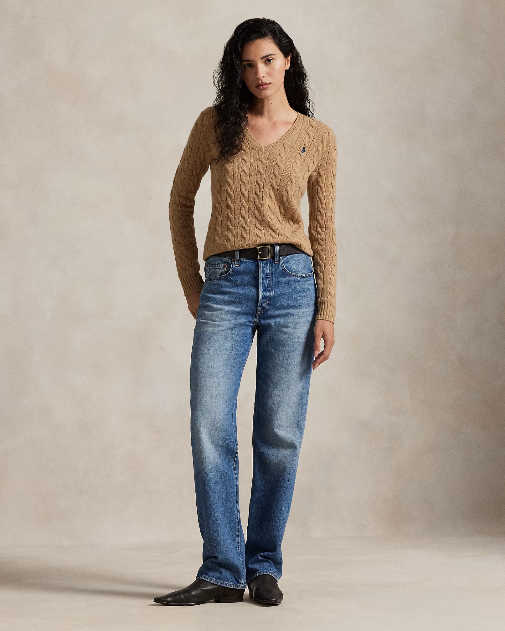 Ralph Lauren Cable-Knit Wool-Cashmere V-Neck Jumper | Camel
